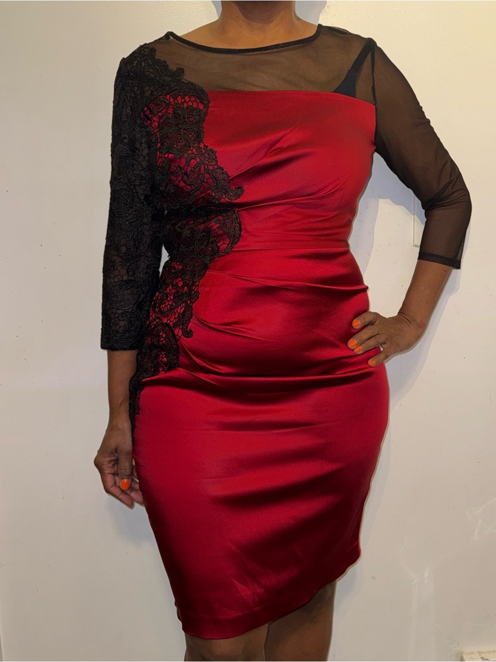 Jax Red Sheath Dress with Black Lace and Mesh Sleeves